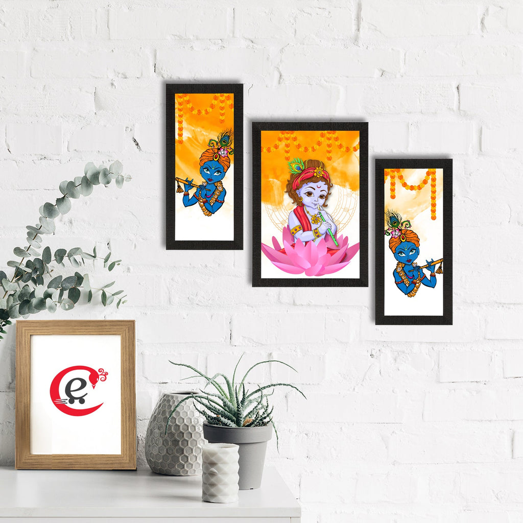 Set of 3 Lord Krishna Satin Matt Texture UV Art Painting Kafalo