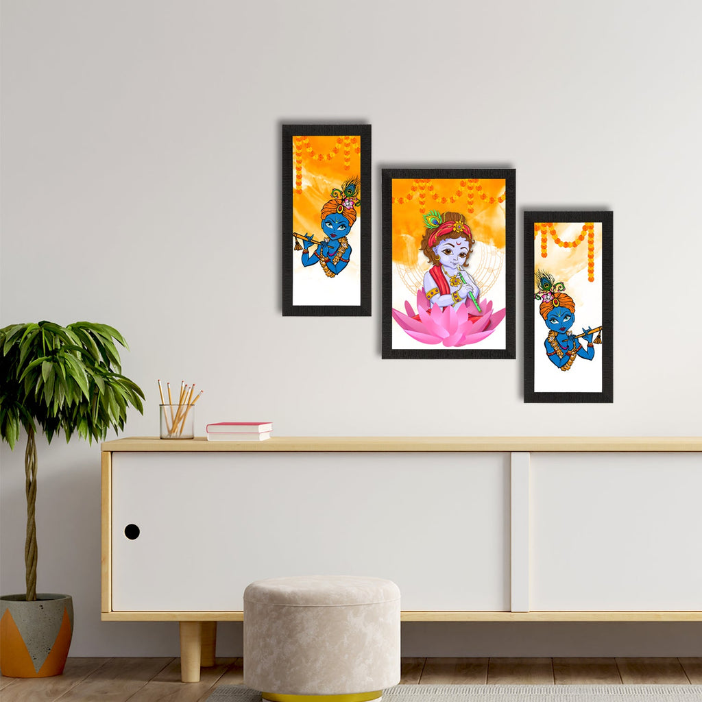 Set of 3 Lord Krishna Satin Matt Texture UV Art Painting Kafalo