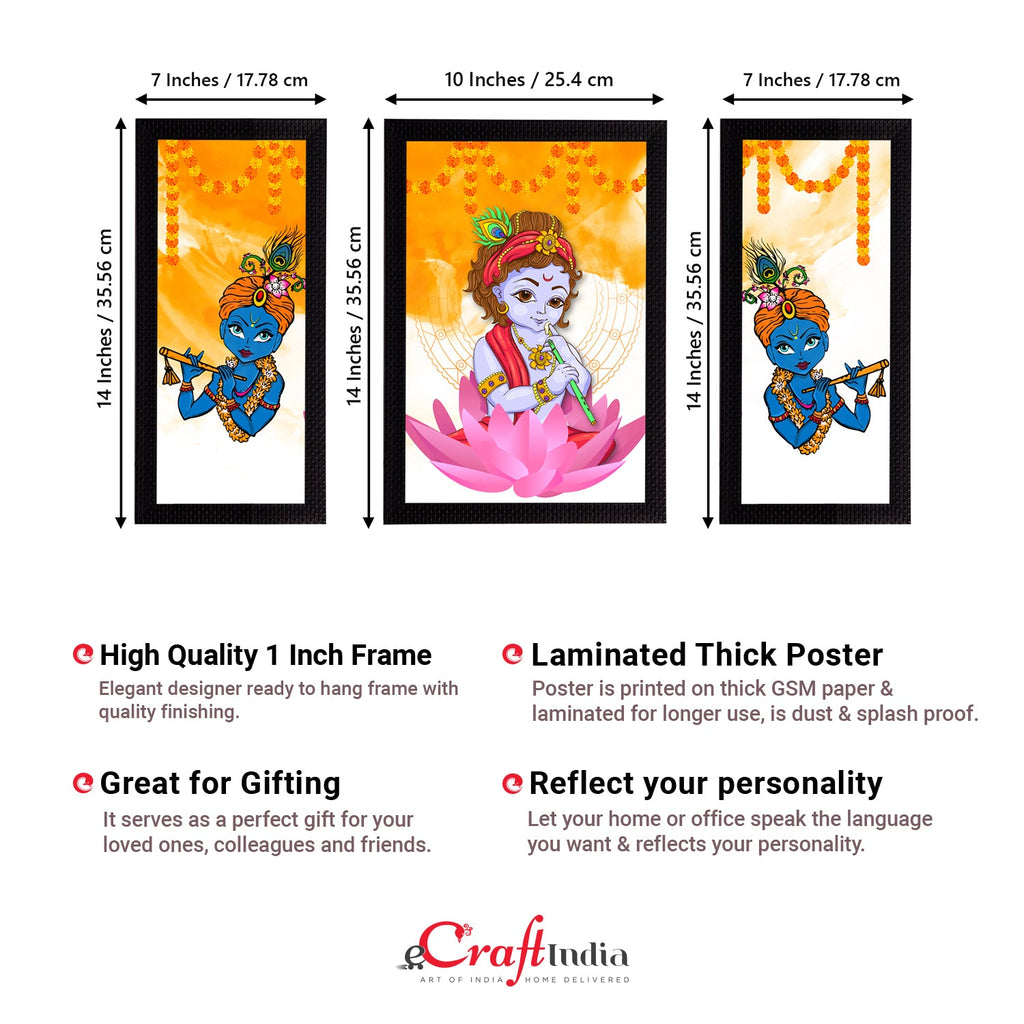Set of 3 Lord Krishna Satin Matt Texture UV Art Painting Kafalo