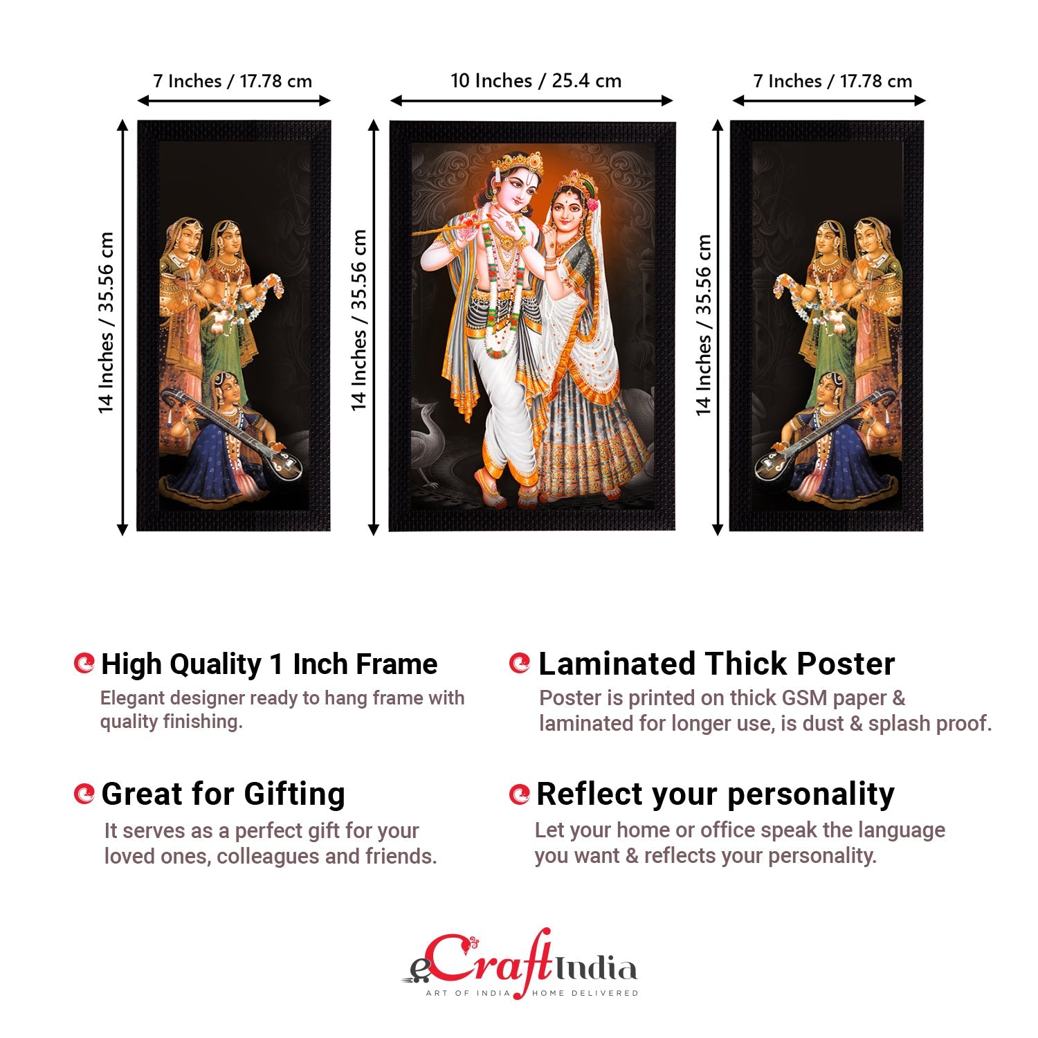 Set of 3 Radha Krishna Satin Matt Texture UV Art Painting Kafalo