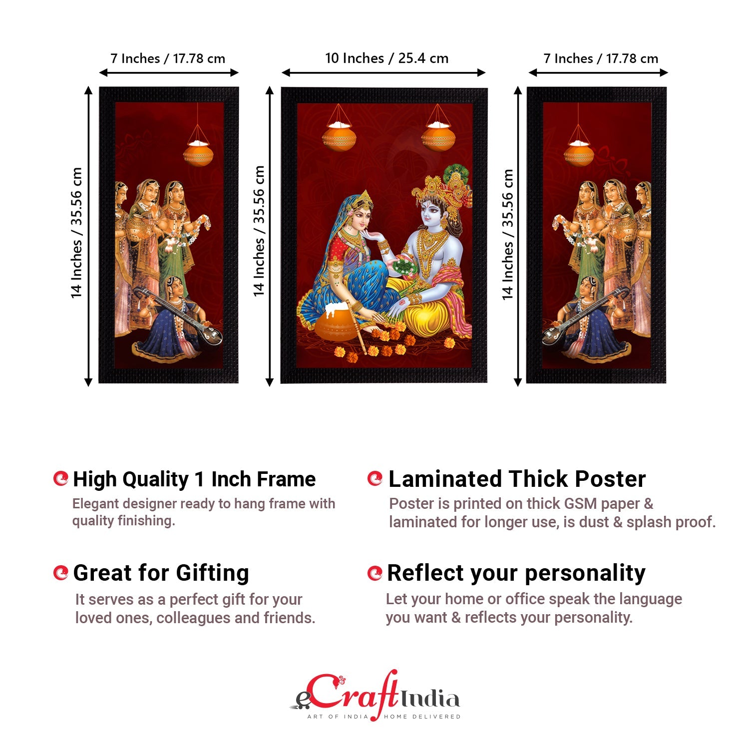 Set of 3 Radha Krishna Satin Matt Texture UV Art Painting Kafalo