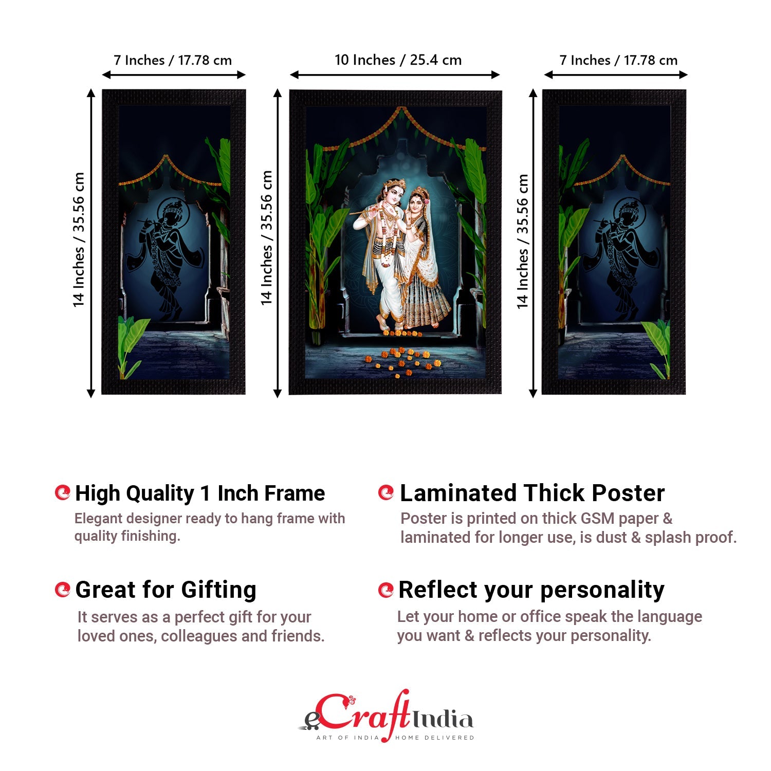 Set of 3 Radha Krishna Satin Matt Texture UV Art Painting Kafalo