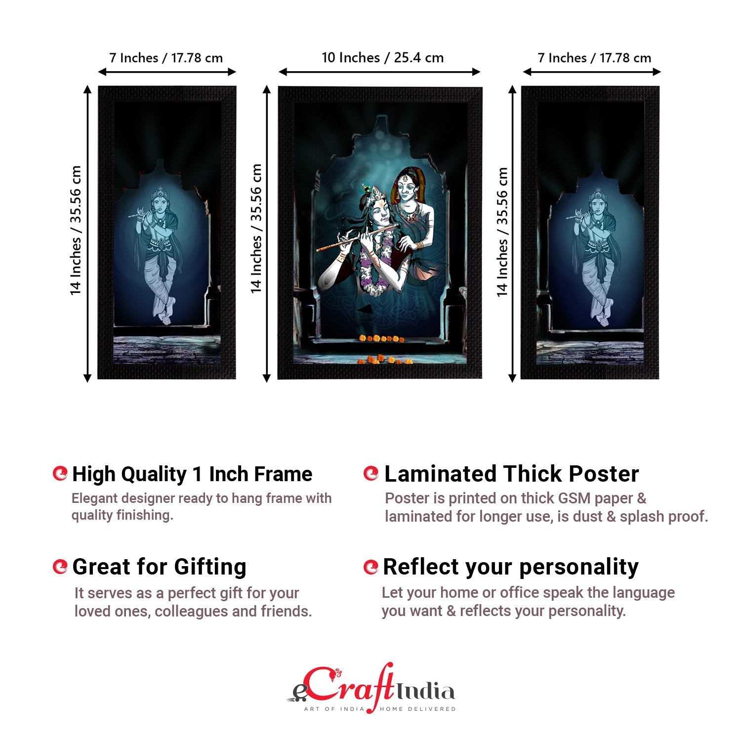 Set of 3 Radha Krishna Satin Matt Texture UV Art Painting Kafalo