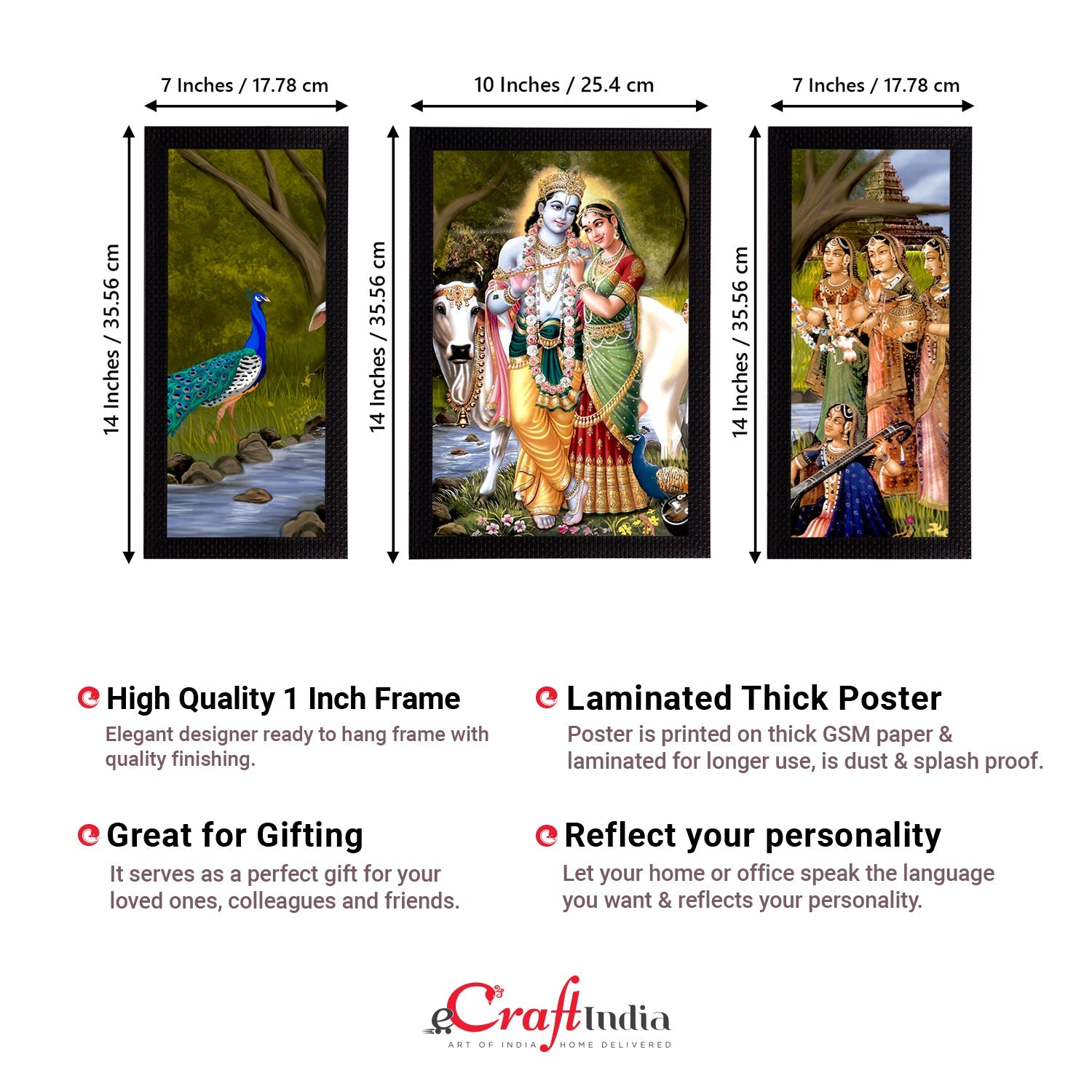 Set of 3 Radha Krishna Satin Matt Texture UV Art Painting Kafalo