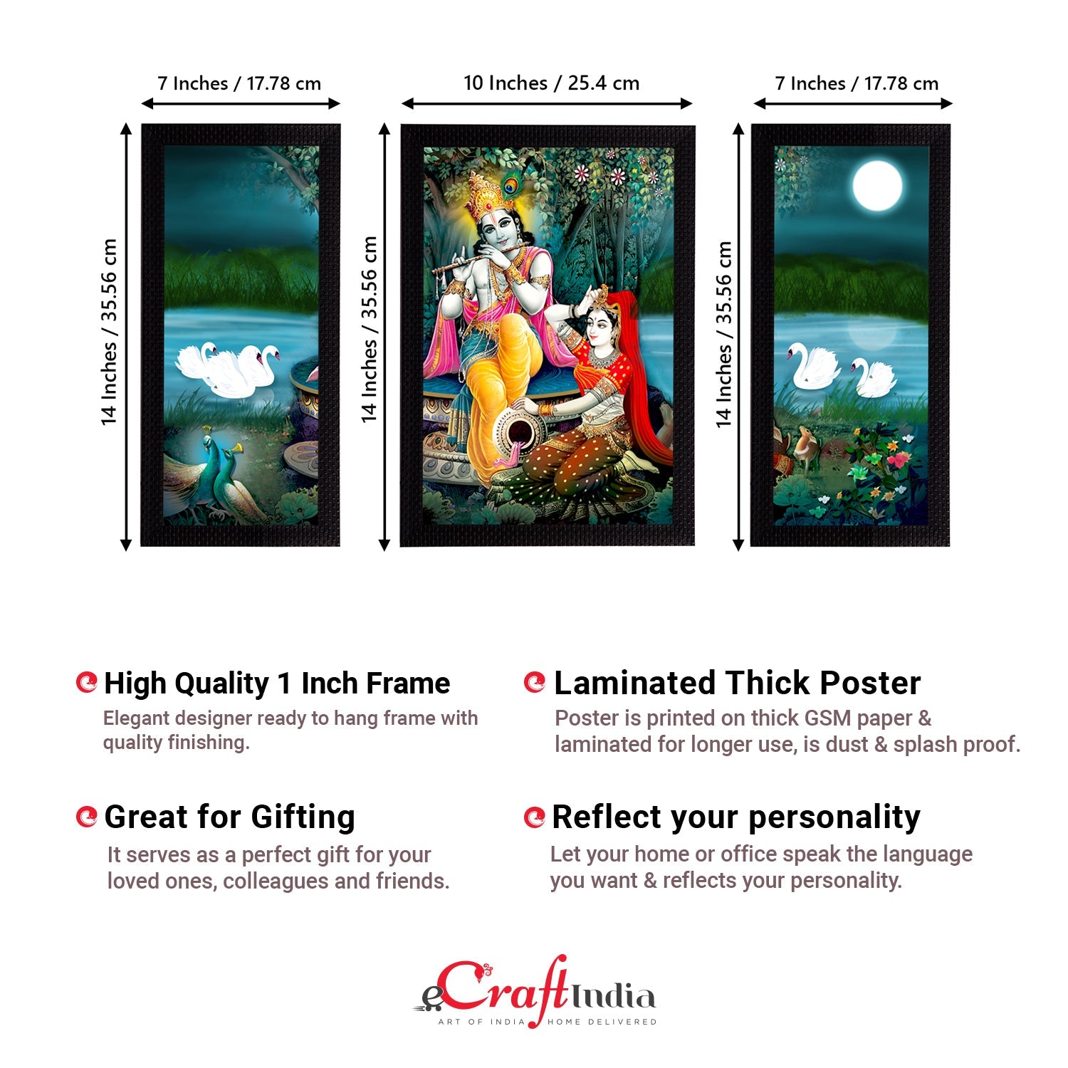Set of 3 Radha Krishna Satin Matt Texture UV Art Painting Kafalo