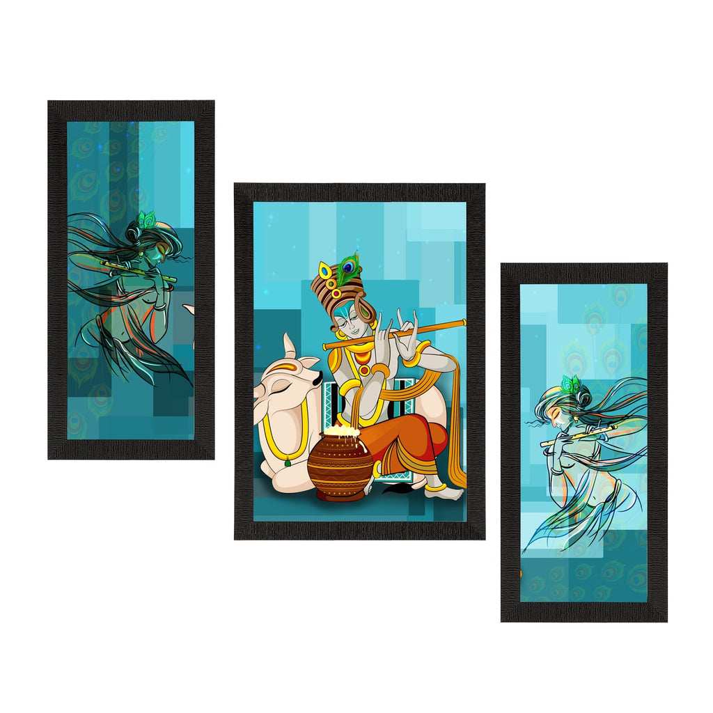 Set of 3 Lord Krishna Satin Matt Texture UV Art Painting Kafalo