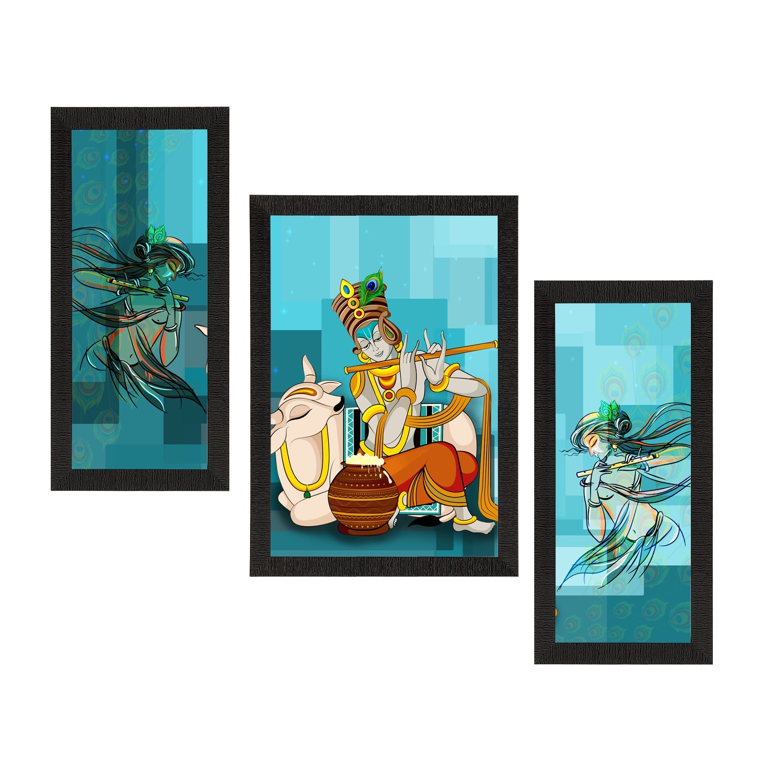 Set of 3 Lord Krishna Satin Matt Texture UV Art Painting Kafalo