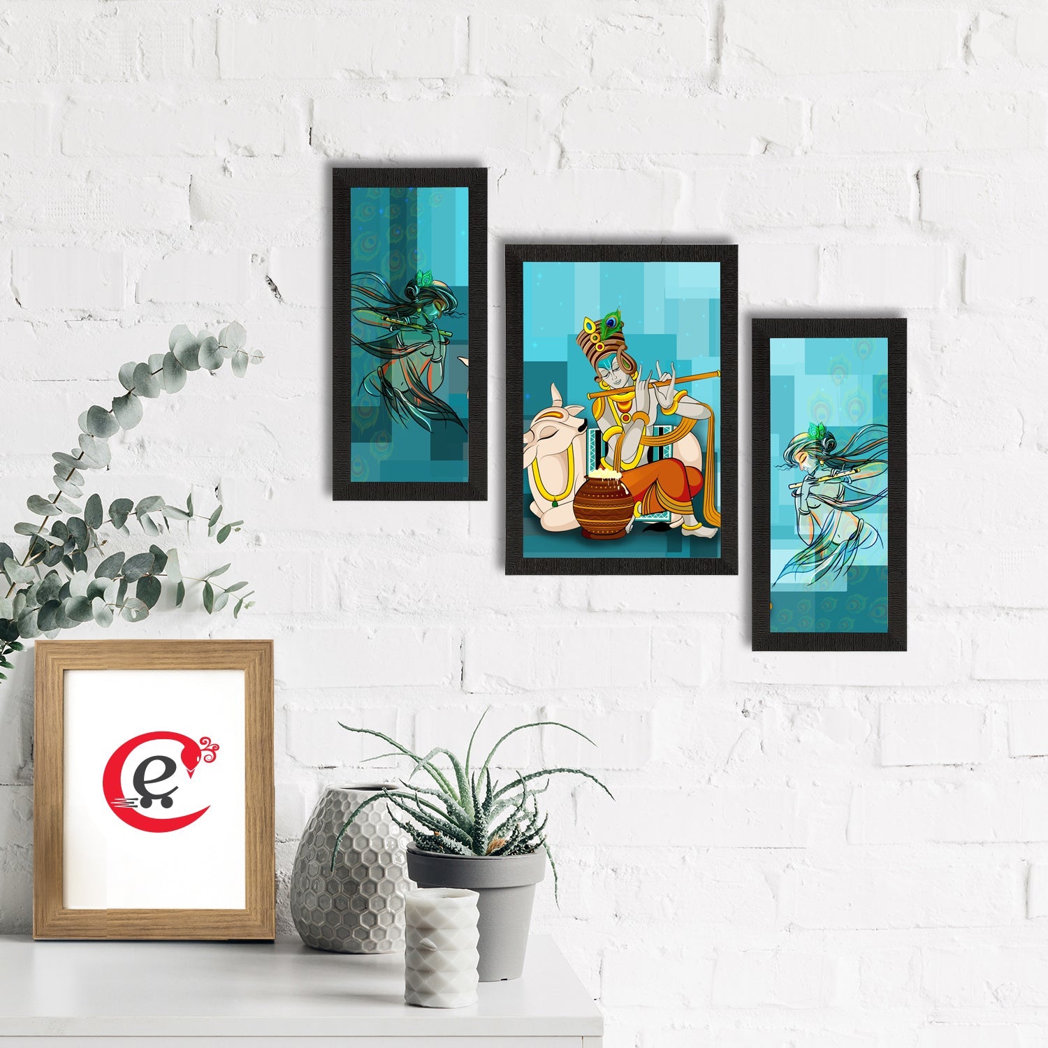 Set of 3 Lord Krishna Satin Matt Texture UV Art Painting Kafalo