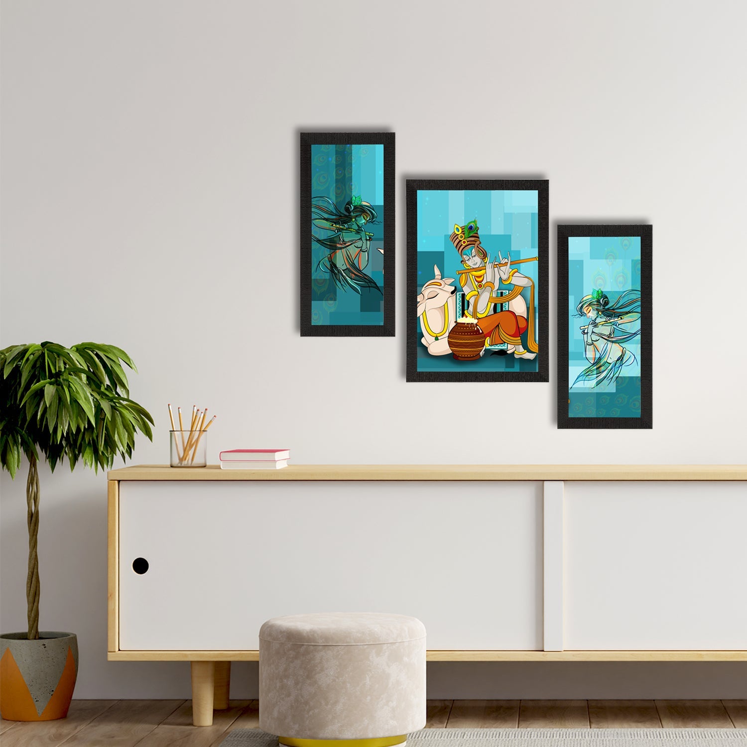 Set of 3 Lord Krishna Satin Matt Texture UV Art Painting Kafalo