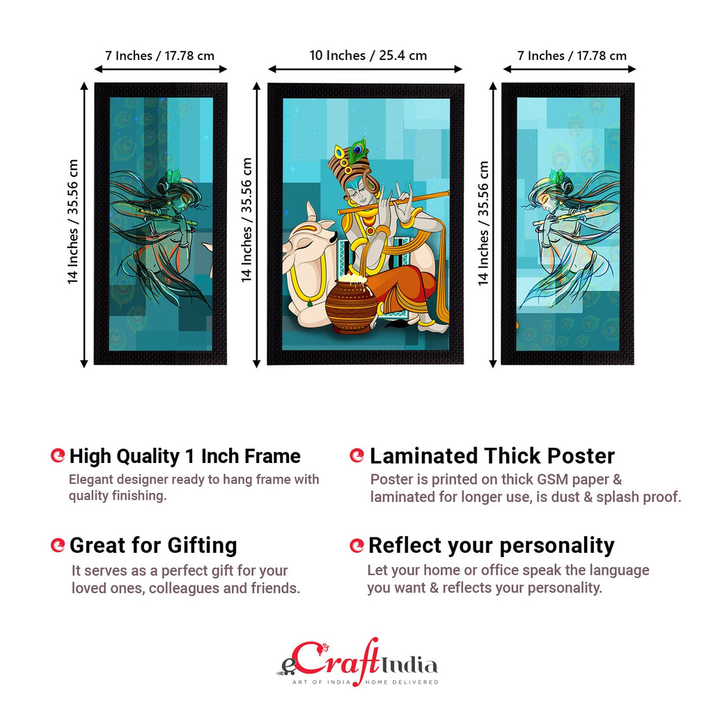 Set of 3 Lord Krishna Satin Matt Texture UV Art Painting Kafalo