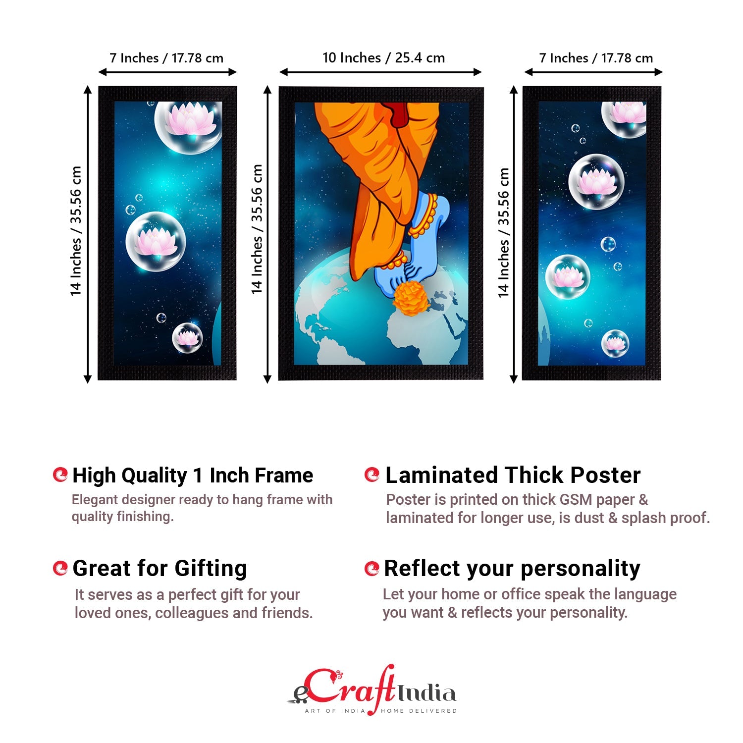 Set of 3 Lord Krishna Satin Matt Texture UV Art Painting Kafalo