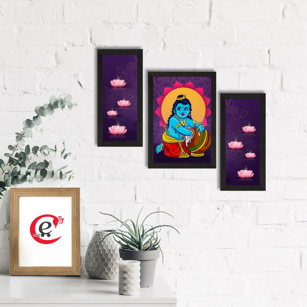 Set of 3 Lord Krishna Satin Matt Texture UV Art Painting Kafalo