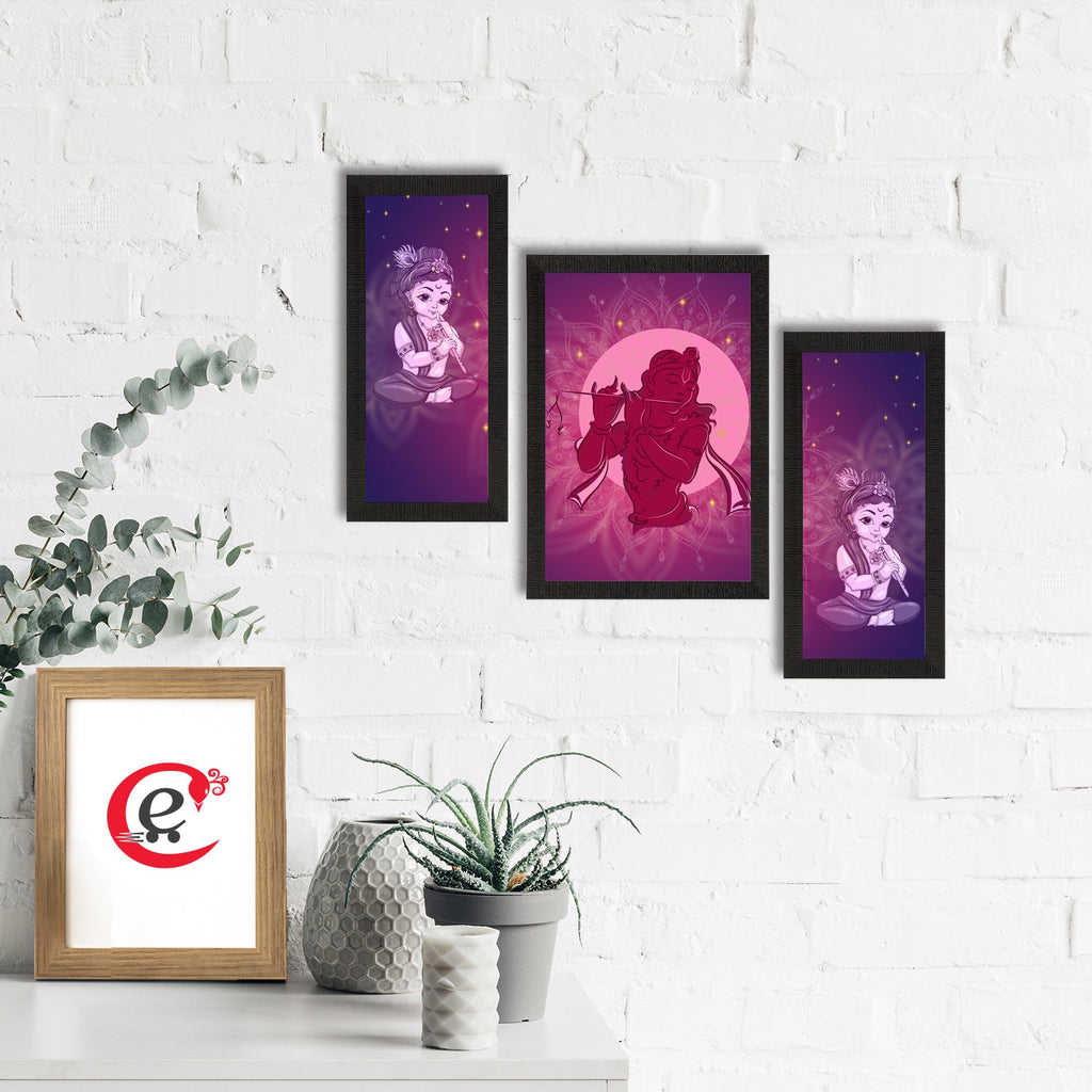 Set of 3 Lord Krishna Satin Matt Texture UV Art Painting Kafalo