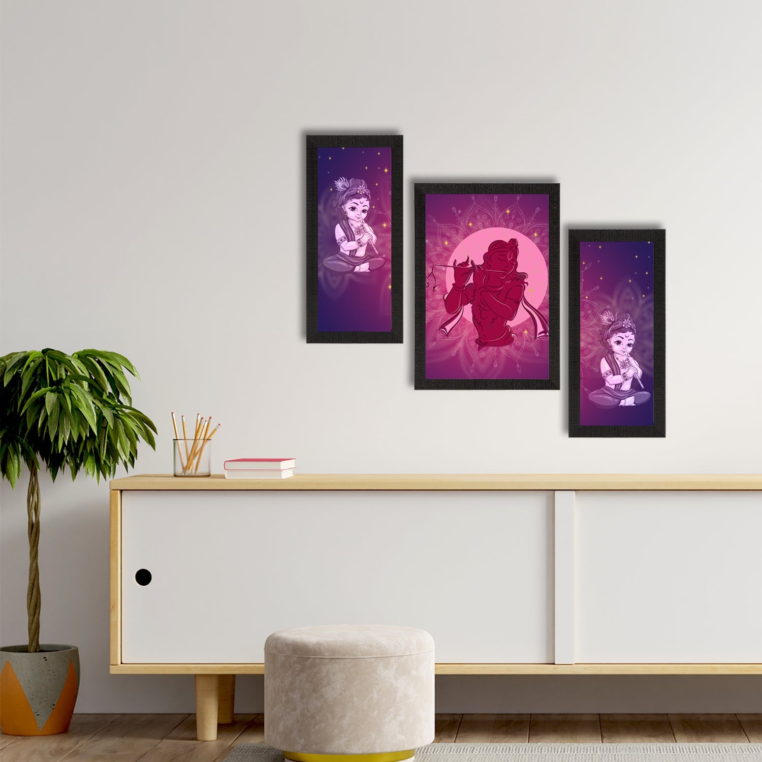 Set of 3 Lord Krishna Satin Matt Texture UV Art Painting Kafalo
