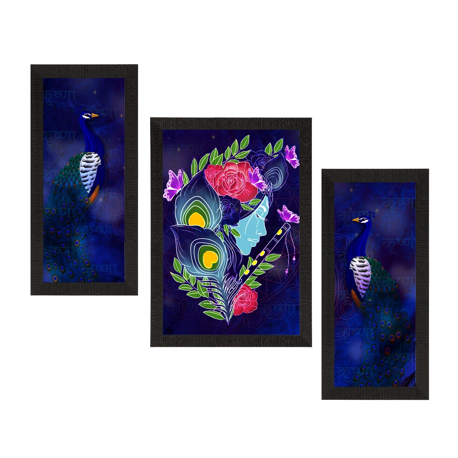 Set of 3 Lord Krishna Satin Matt Texture UV Art Painting Kafalo