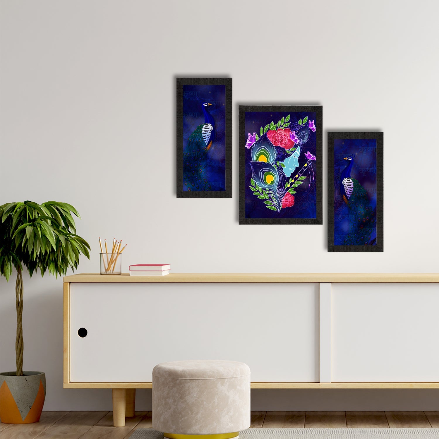 Set of 3 Lord Krishna Satin Matt Texture UV Art Painting Kafalo