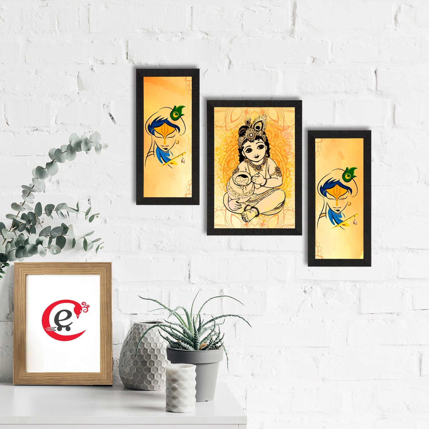 Set of 3 Lord Krishna Satin Matt Texture UV Art Painting Kafalo