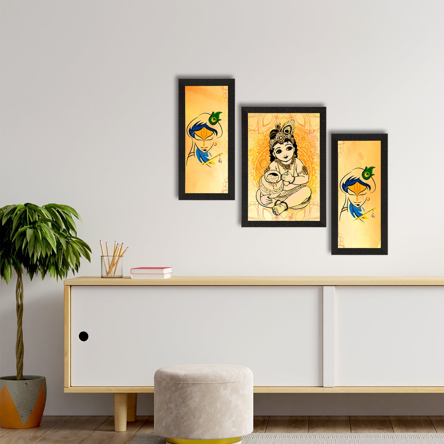 Set of 3 Lord Krishna Satin Matt Texture UV Art Painting Kafalo