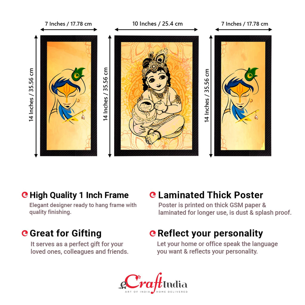 Set of 3 Lord Krishna Satin Matt Texture UV Art Painting Kafalo