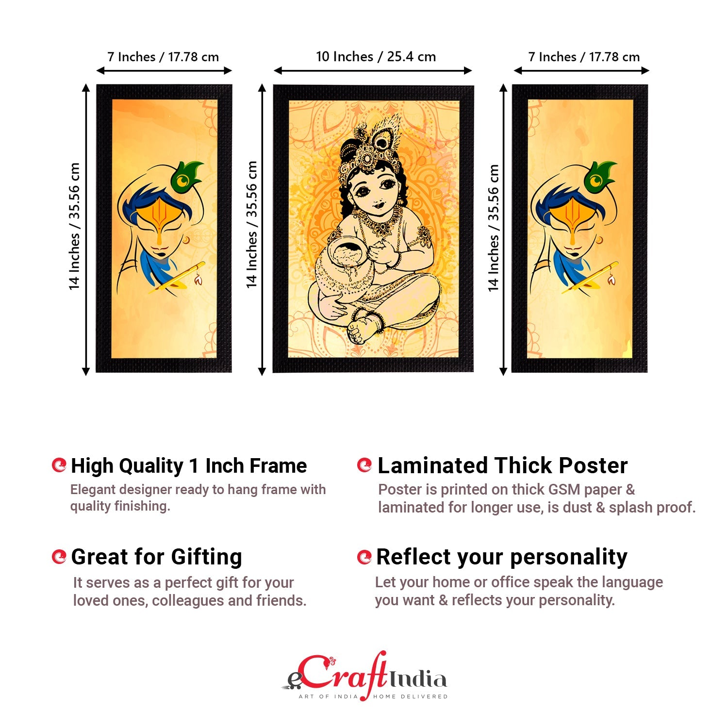 Set of 3 Lord Krishna Satin Matt Texture UV Art Painting Kafalo