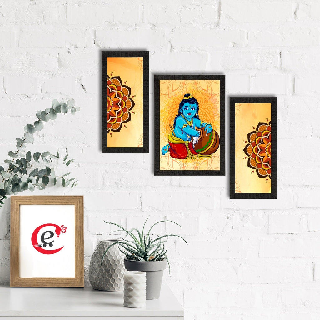 Set of 3 Lord Krishna Satin Matt Texture UV Art Painting Kafalo
