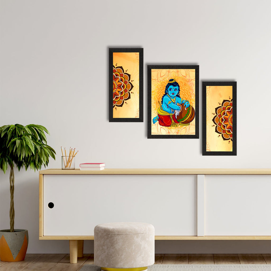 Set of 3 Lord Krishna Satin Matt Texture UV Art Painting Kafalo