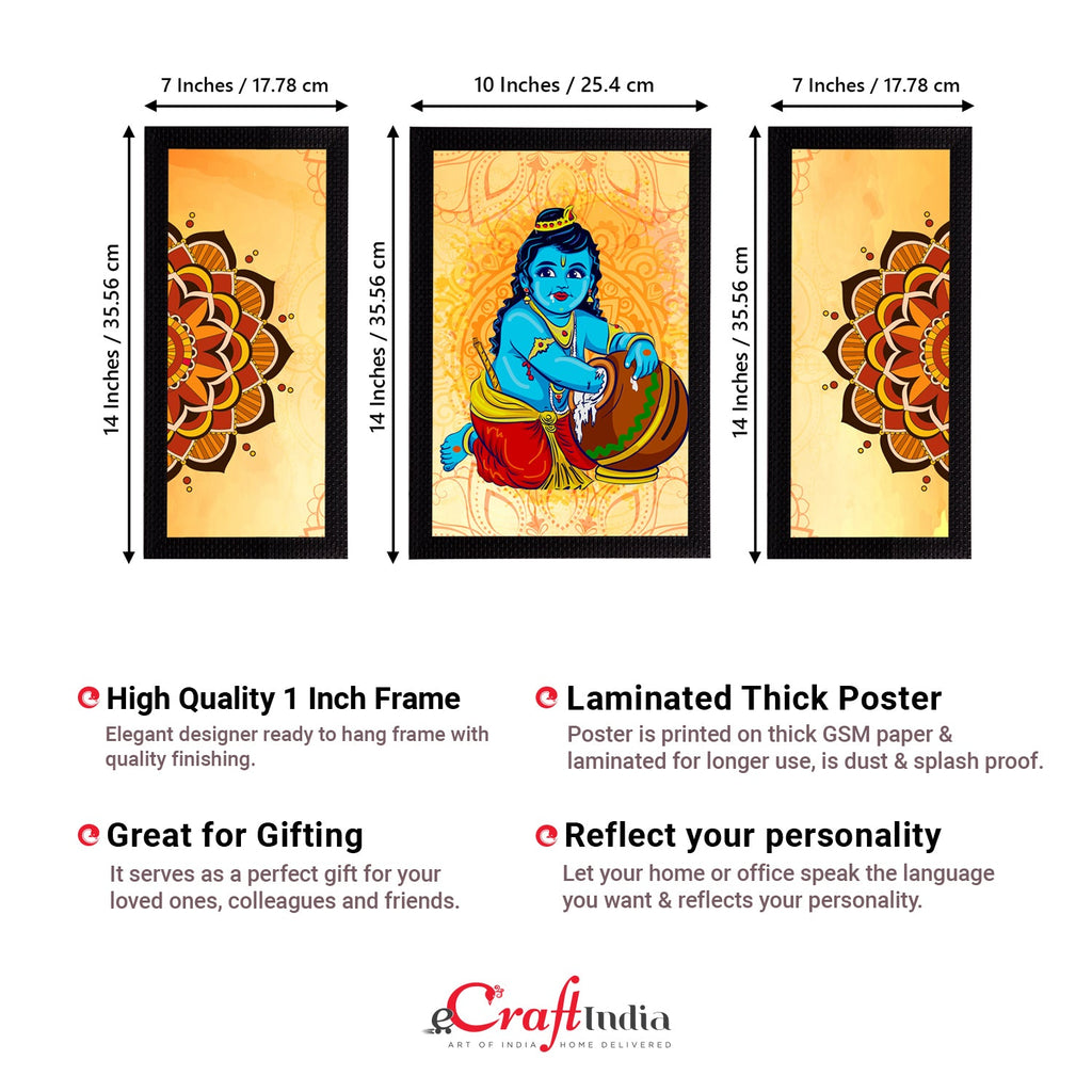Set of 3 Lord Krishna Satin Matt Texture UV Art Painting Kafalo
