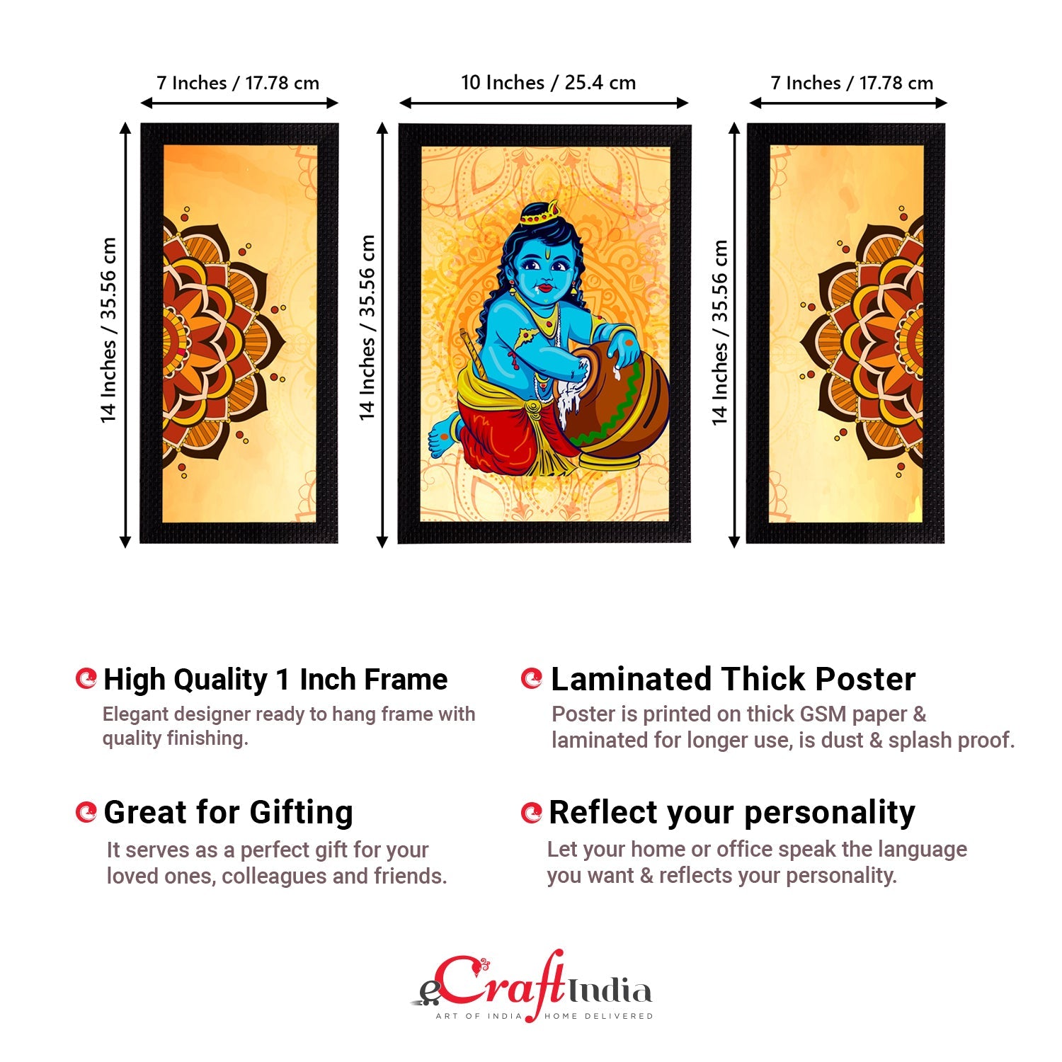 Set of 3 Lord Krishna Satin Matt Texture UV Art Painting Kafalo