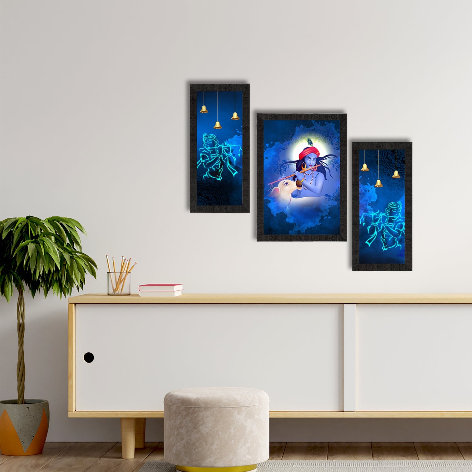 Set of 3 Lord Krishna Satin Matt Texture UV Art Painting Kafalo