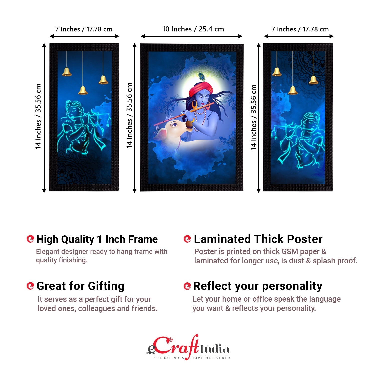 Set of 3 Lord Krishna Satin Matt Texture UV Art Painting Kafalo