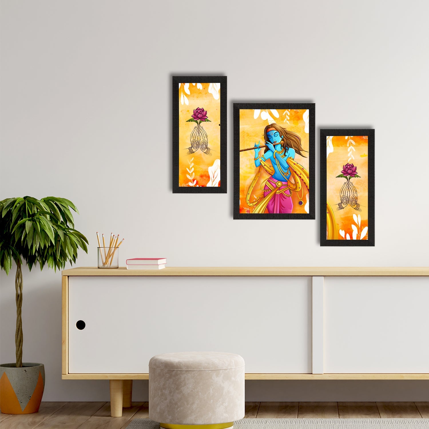 Set of 3 Lord Krishna Satin Matt Texture UV Art Painting Kafalo