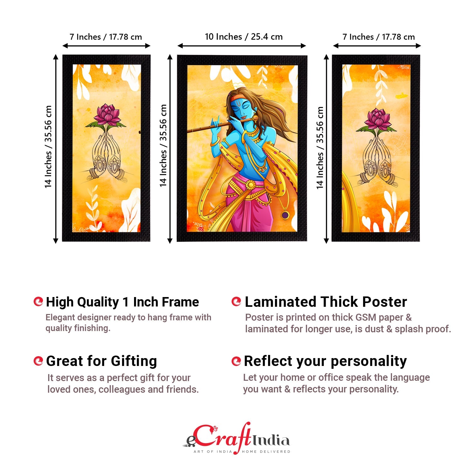 Set of 3 Lord Krishna Satin Matt Texture UV Art Painting Kafalo