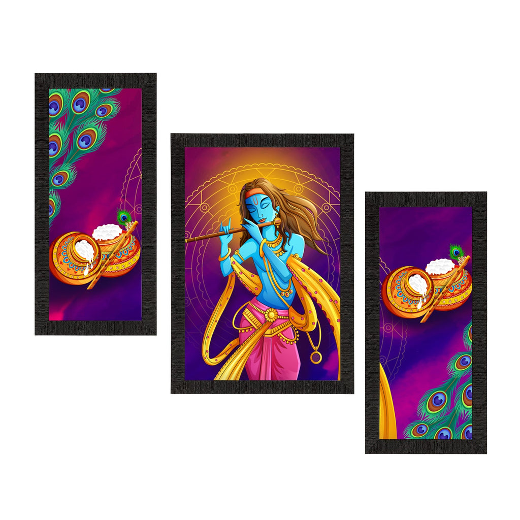 Set of 3 Lord Krishna Satin Matt Texture UV Art Painting Kafalo
