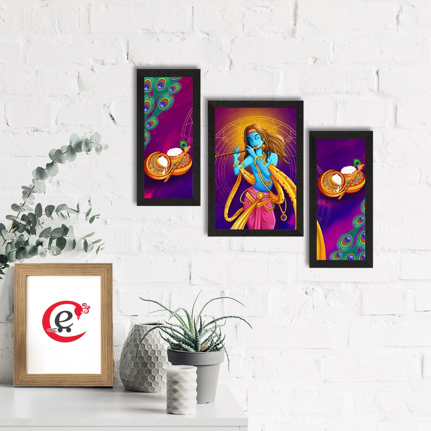 Set of 3 Lord Krishna Satin Matt Texture UV Art Painting Kafalo