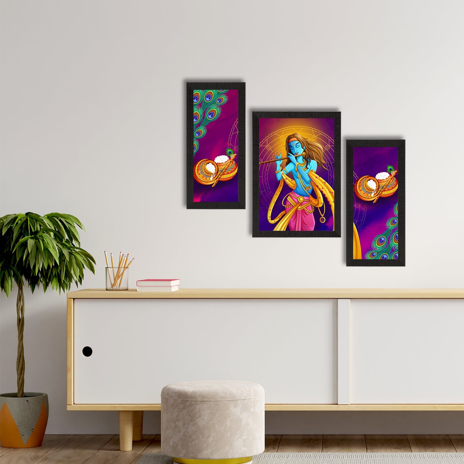 Set of 3 Lord Krishna Satin Matt Texture UV Art Painting Kafalo