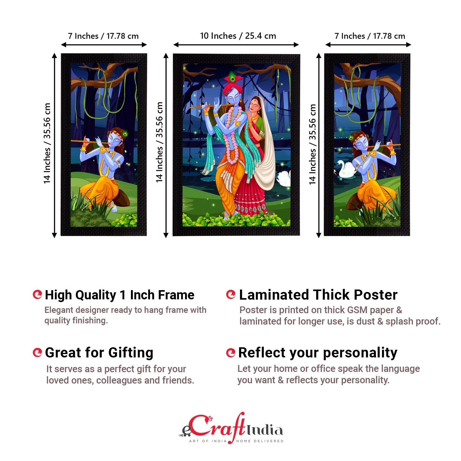 Set of 3 Radha Krishna Satin Matt Texture UV Art Painting Kafalo