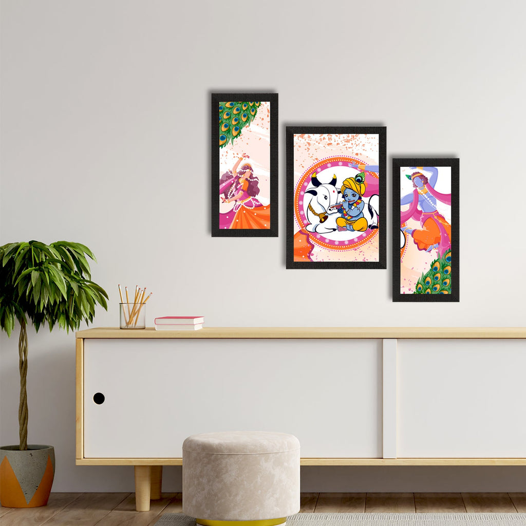 Set of 3 Lord Krishna Satin Matt Texture UV Art Painting Kafalo