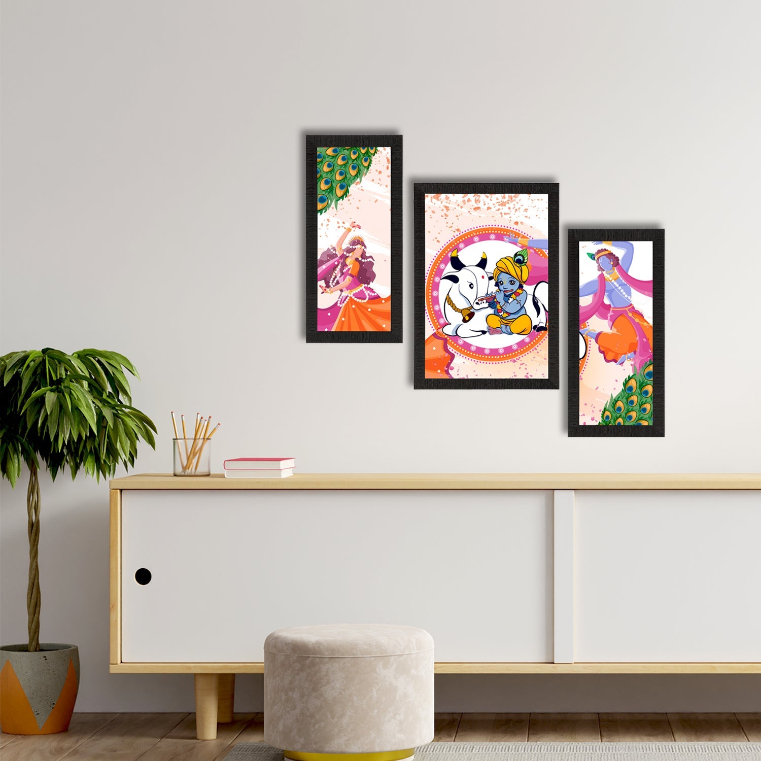 Set of 3 Lord Krishna Satin Matt Texture UV Art Painting Kafalo