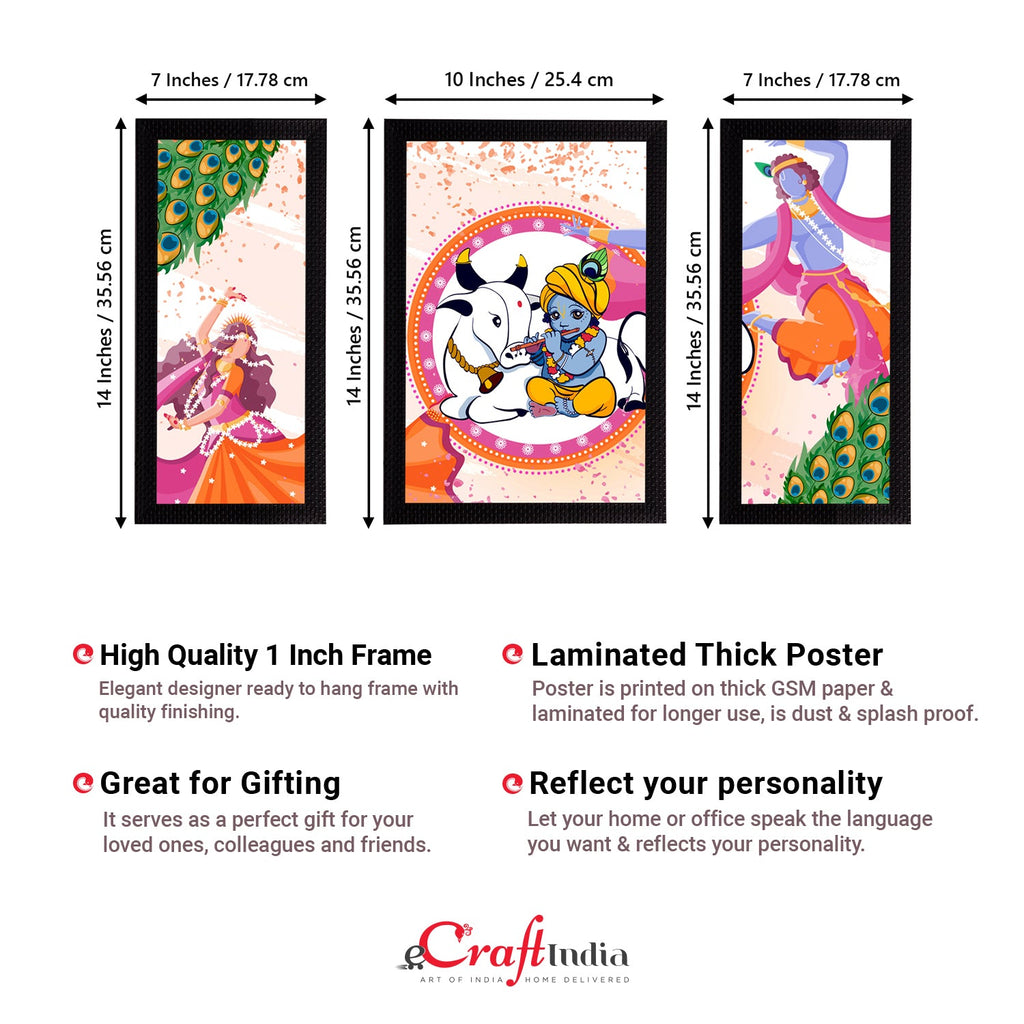 Set of 3 Lord Krishna Satin Matt Texture UV Art Painting Kafalo