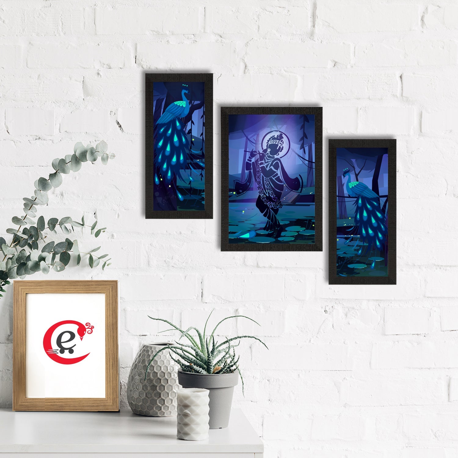 Set of 3 Lord Krishna Satin Matt Texture UV Art Painting Kafalo