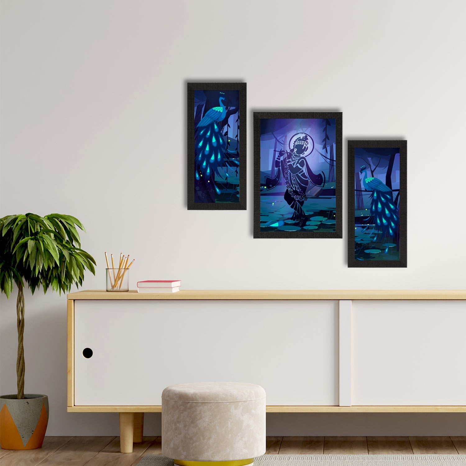 Set of 3 Lord Krishna Satin Matt Texture UV Art Painting Kafalo