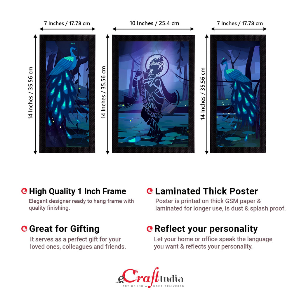Set of 3 Lord Krishna Satin Matt Texture UV Art Painting Kafalo