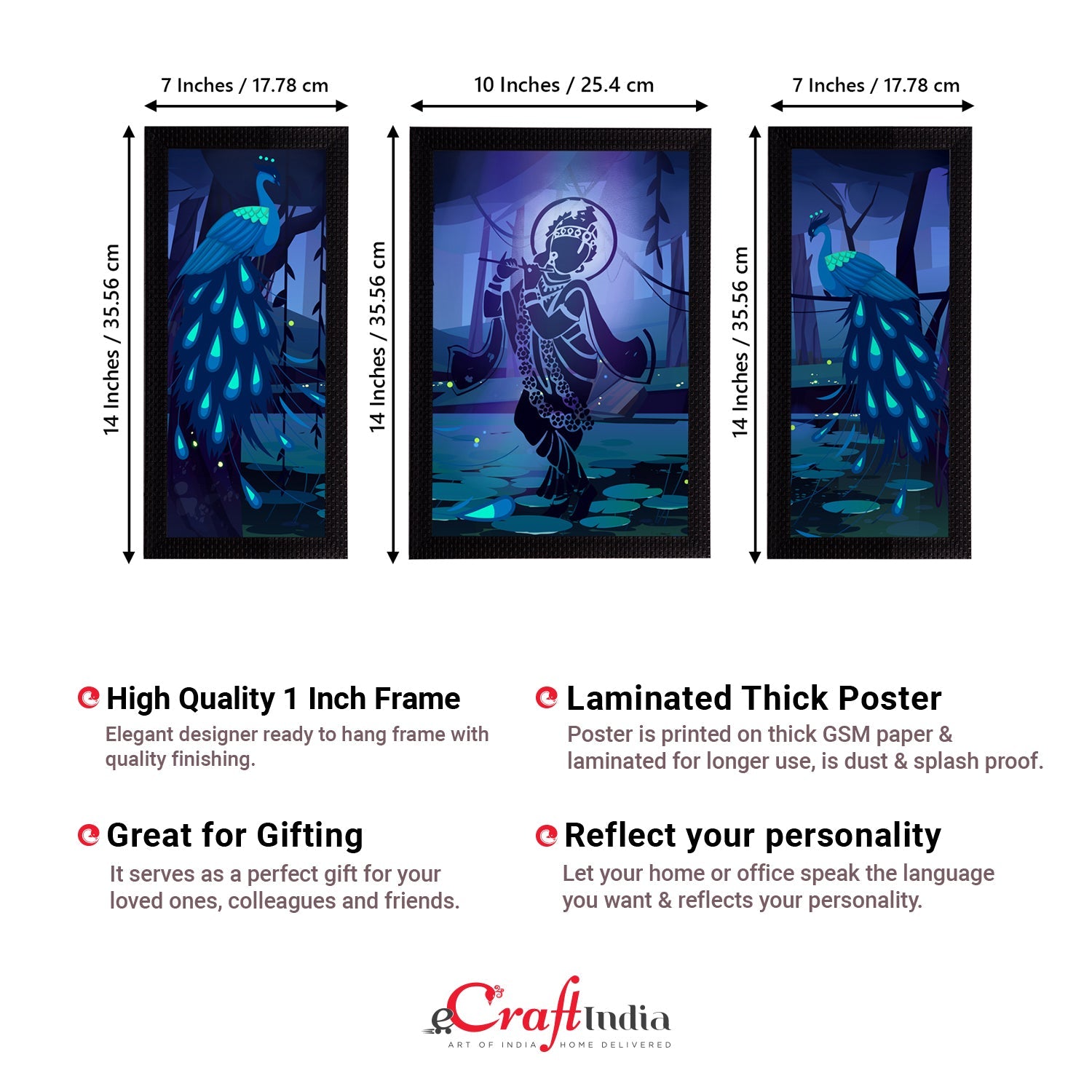 Set of 3 Lord Krishna Satin Matt Texture UV Art Painting Kafalo