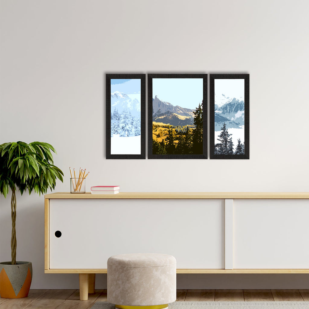 Set of 3 Scenic Snow Mountains Landscape View Satin Matt Texture UV Art Painting Kafalo