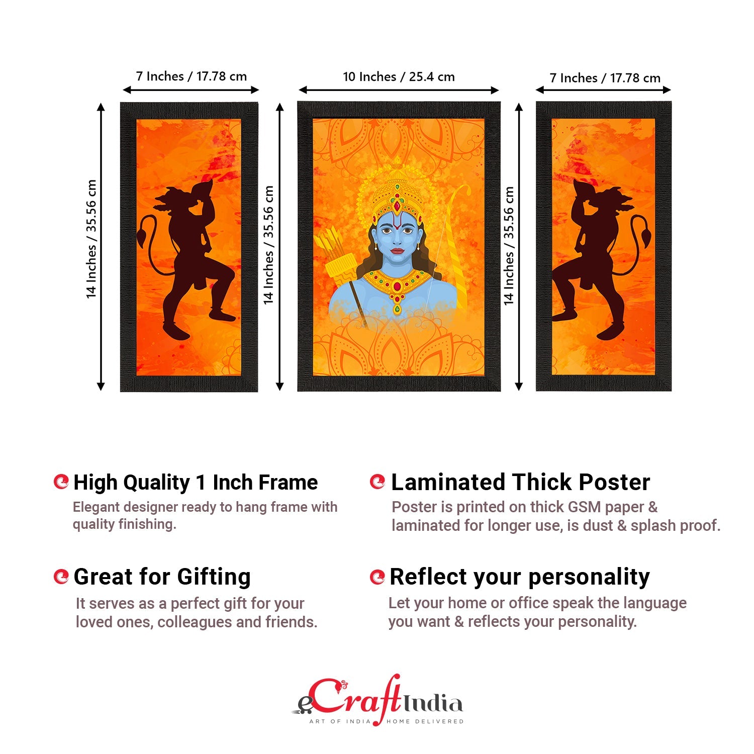 Set of 3 Lord Ram Satin Matt Textured UV Art Painting Kafalo