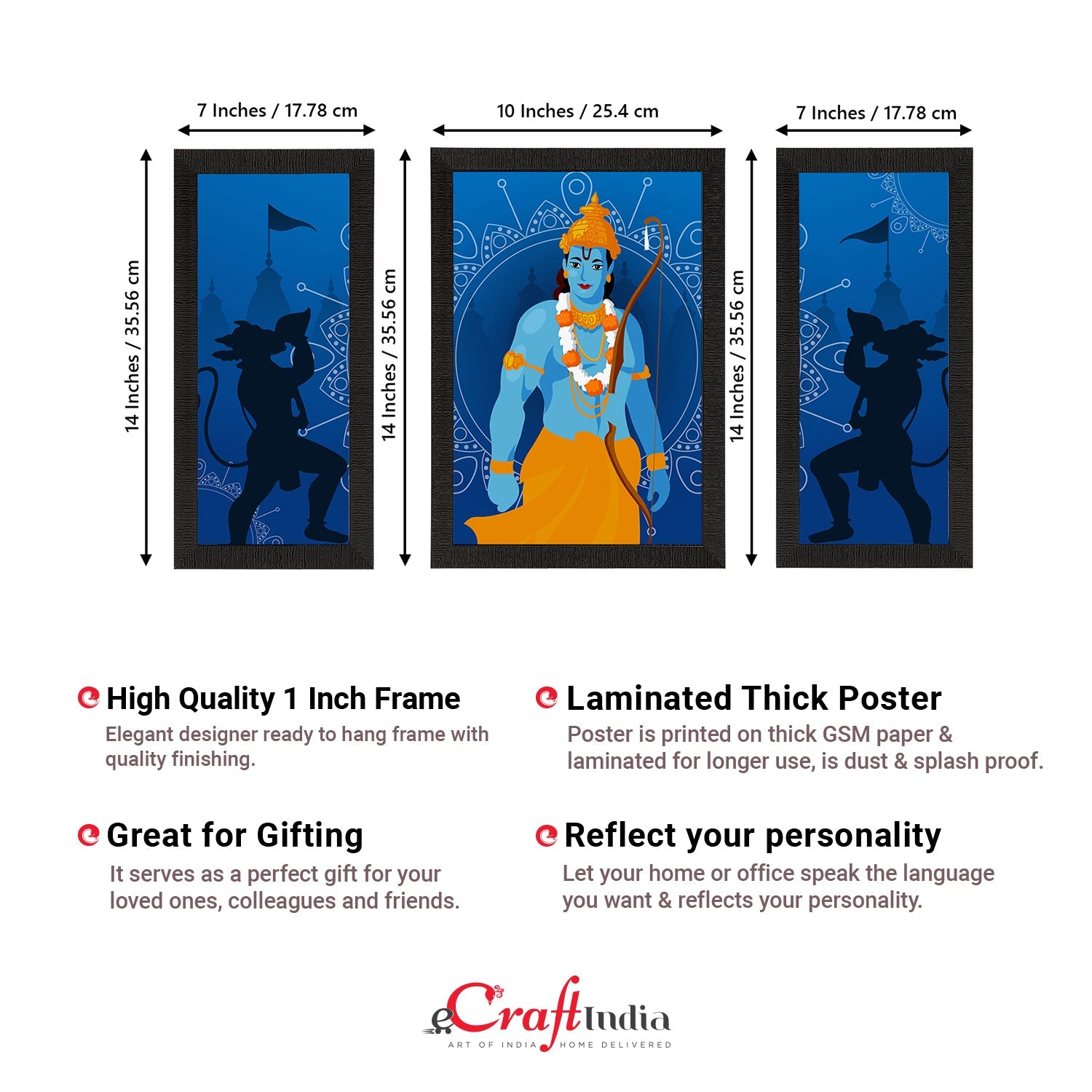 Set of 3 Lord Ram Satin Matt Textured UV Art Painting Kafalo