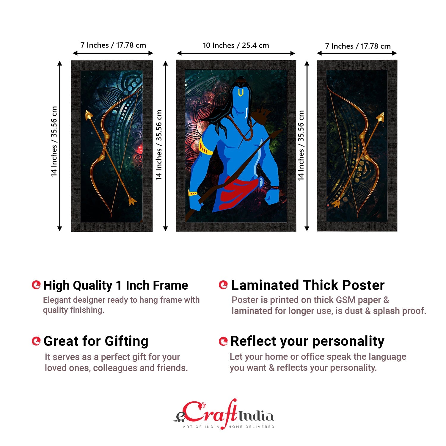 Set of 3 Lord Ram Satin Matt Textured UV Art Painting Kafalo
