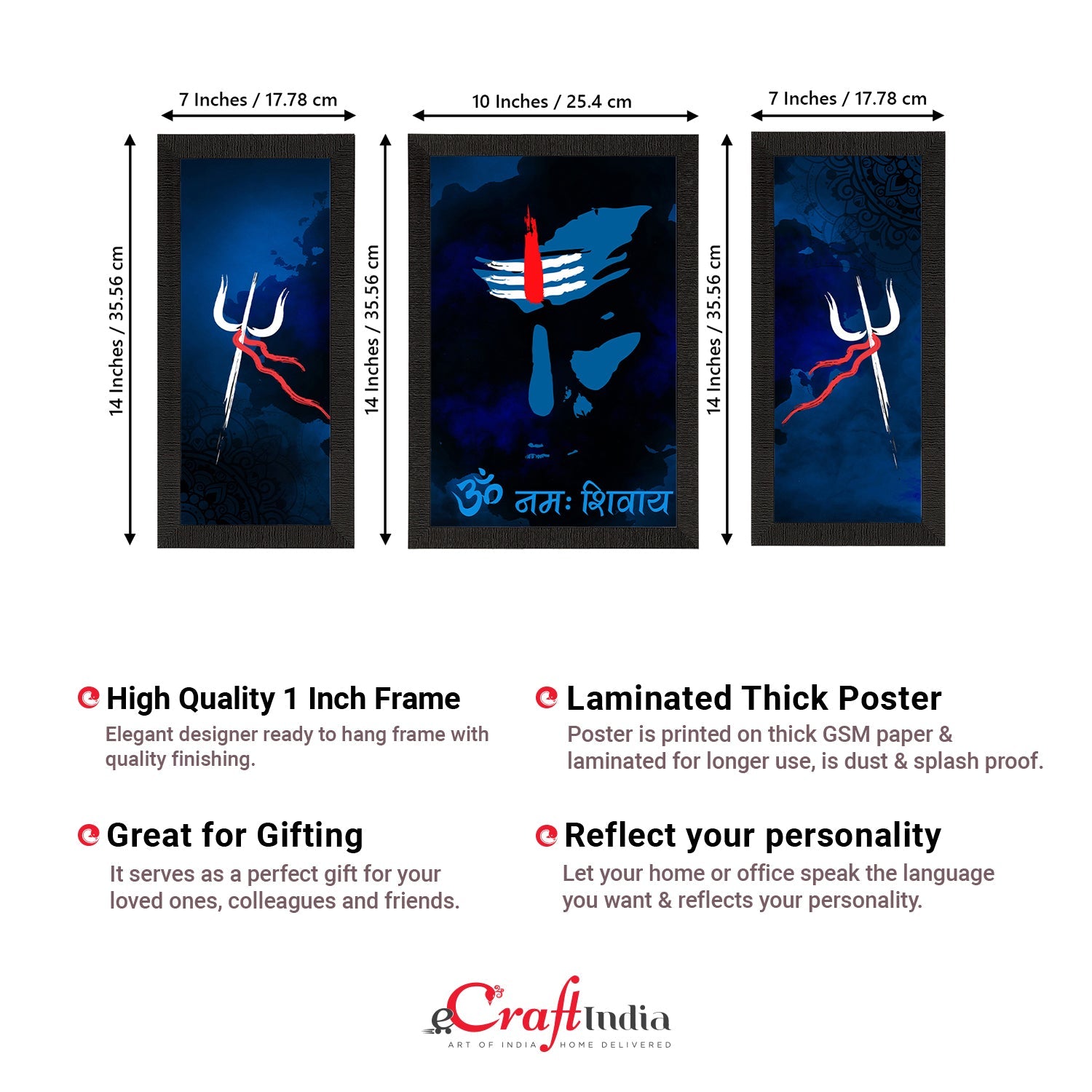 Set of 3 Lord Shiva Satin Matt Textured UV Art Painting Kafalo