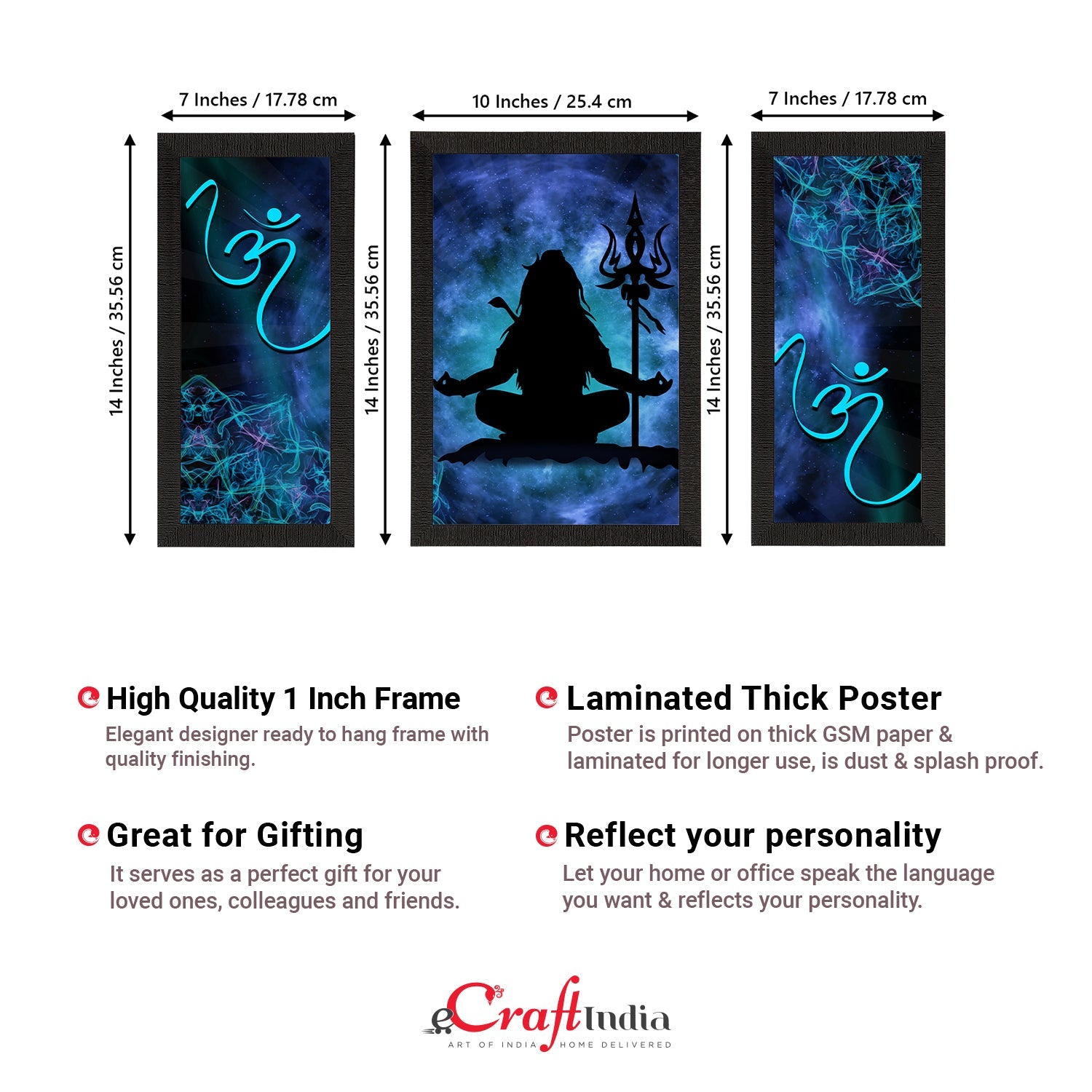 Set of 3 Lord Shiva Satin Matt Textured UV Art Painting Kafalo