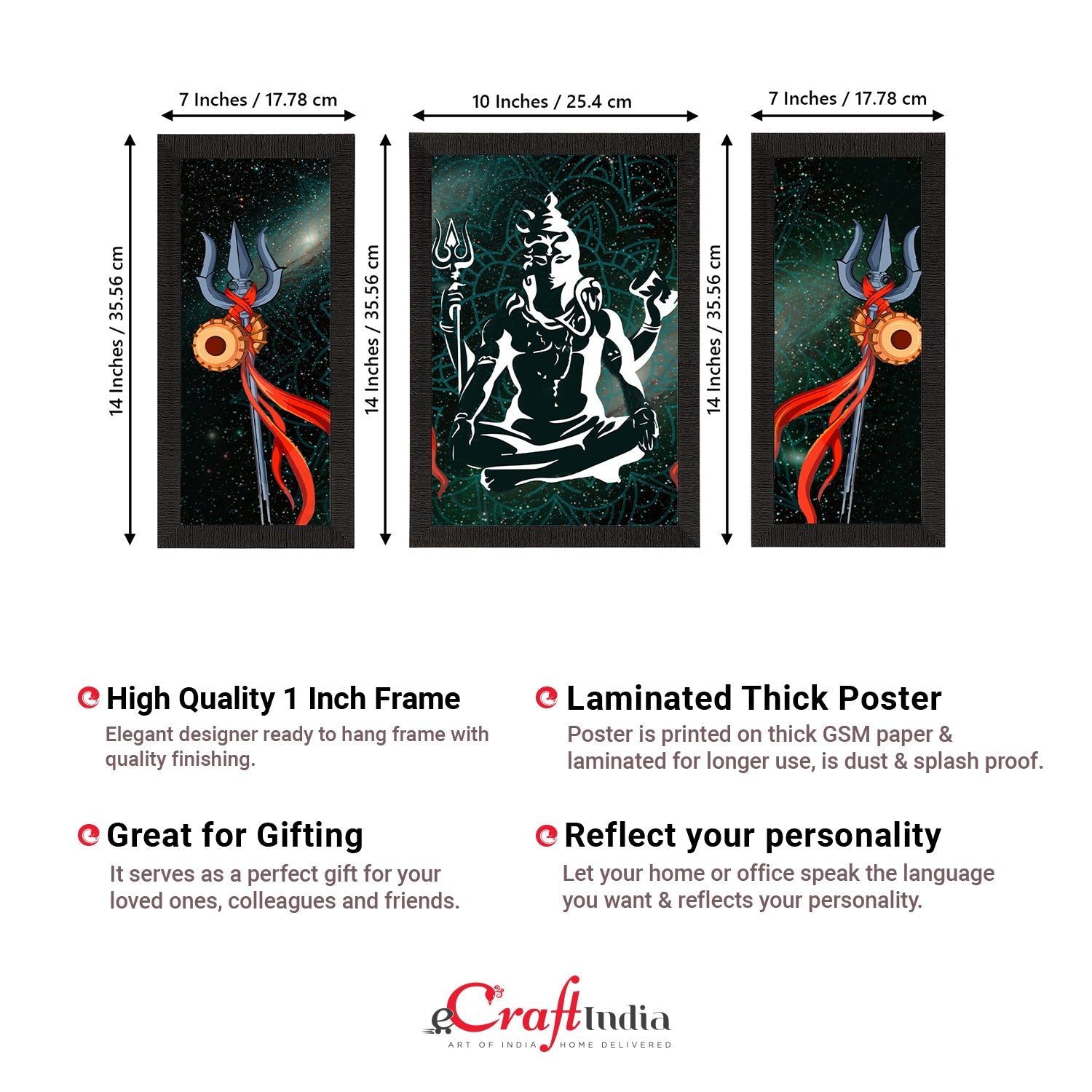 Set of 3 Lord Shiva Satin Matt Textured UV Art Painting Kafalo